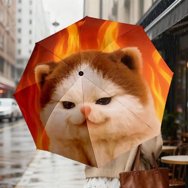 Flaming Feline Fun: Customizable Cat Print Umbrella - Auto Open/Closed, Outdoor Travel Essential, Lightweight & Durable 033