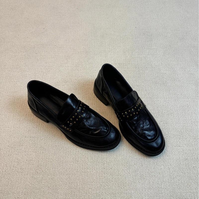 Soft Leather Version~ Versatile Commuting Retro Light Mouth Round Head Thick Heel Loafers Casual One-pedal Small Leather Shoes Women's Single Shoes