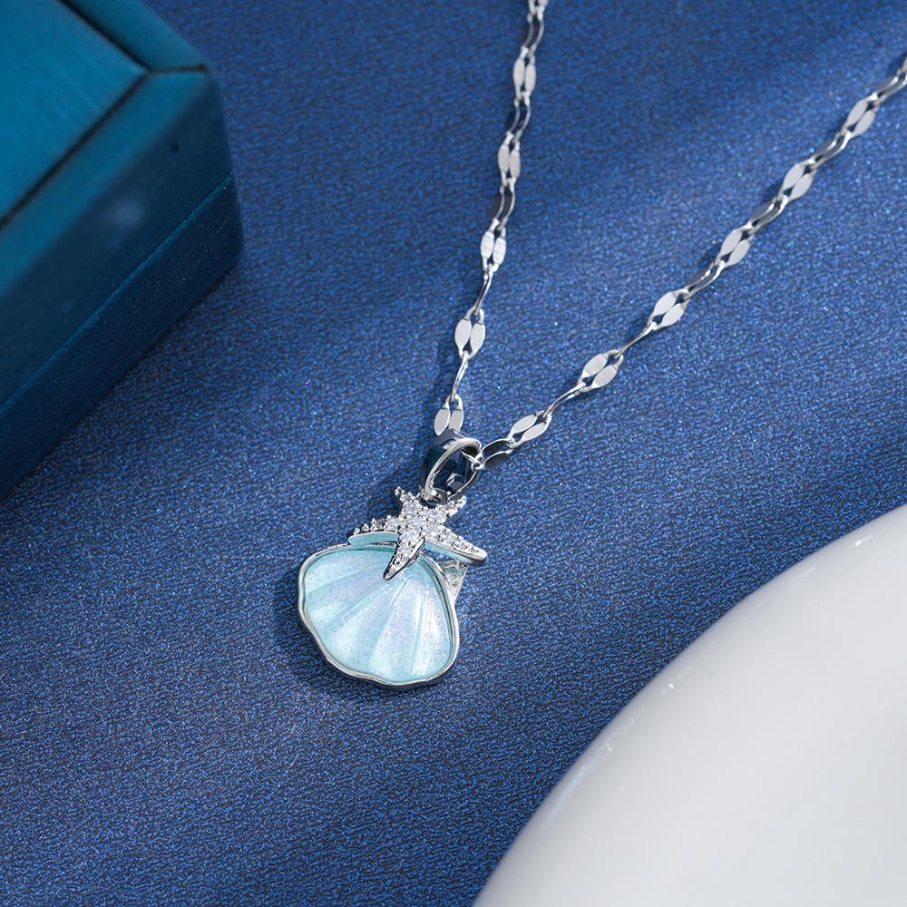 Gold-Plated Titanium Necklace with Colorful Shell Starfish Pendant and Zircon Inlay - High-End Cool Style.