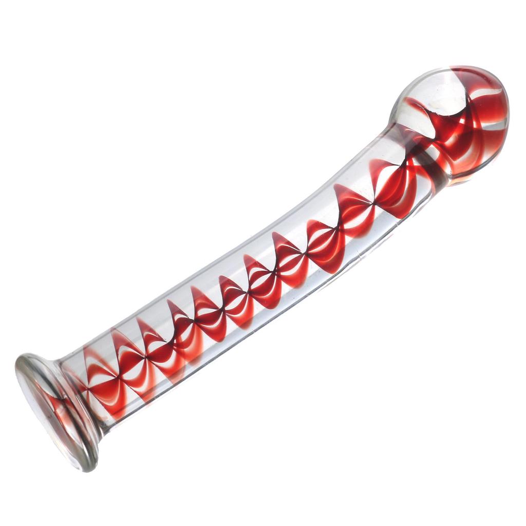Blue-Red Inner Carved Flower Ribbed Glass Dildo with Handle for Female Use