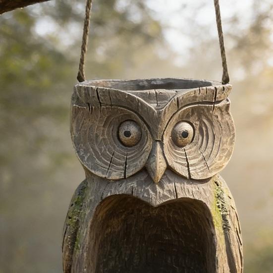 Mangeoire à oiseaux Chouette en résine Résistante aux intempéries Mangeoire à oiseaux d'extérieur et Jardinière Mangeoire à oiseaux Chouette décorative à suspendre pour la décoration du jardin arrière