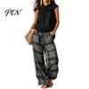 Casual Sleeveless Top Women Pants 2-Piece Set, Summer Ruffle Mock Neck Elastic Waist Suit & Plaid Wide Leg Pants, Vintage Loose Outfit Set Two