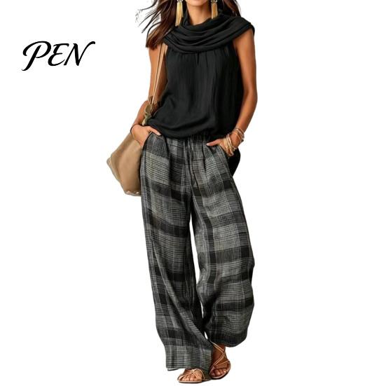 Casual Sleeveless Top Women Pants 2-Piece Set, Summer Ruffle Mock Neck Elastic Waist Suit & Plaid Wide Leg Pants, Vintage Loose Outfit Set Two