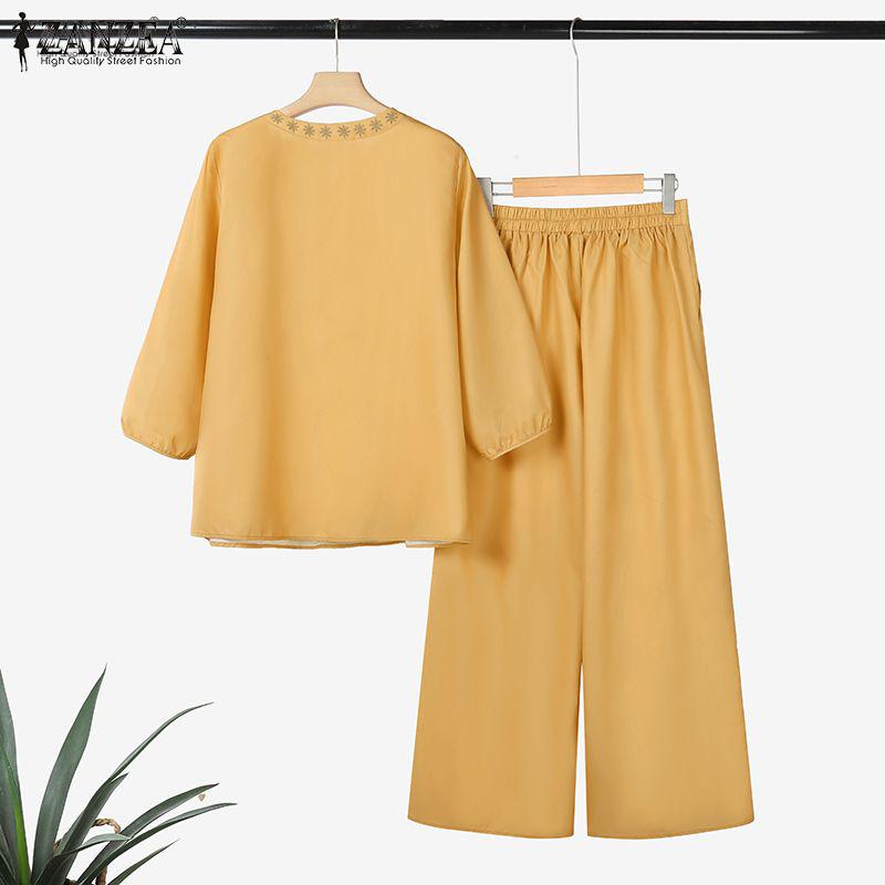 ZANZEA Women Long Sleeve Print Blouse and Pants Casual Two Piece Suit Sets