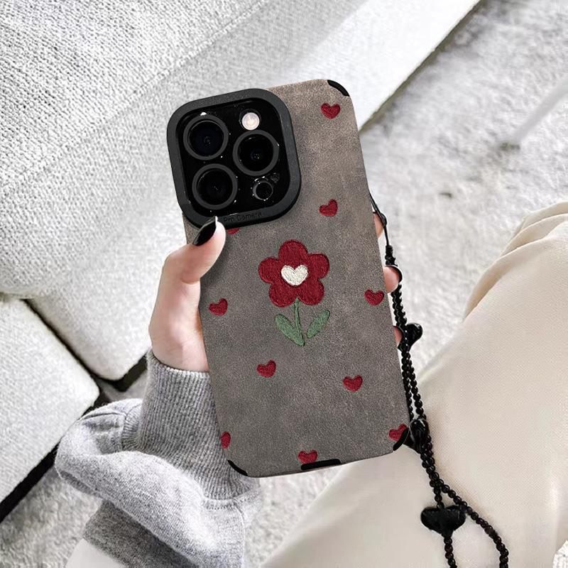 The Heart-shaped Red Flower Bracelet Is Suitable for Apple 16pro Suede Phone Cases with 15 Fine Holes, Anti-drop 14 Silicone, Xs/xr