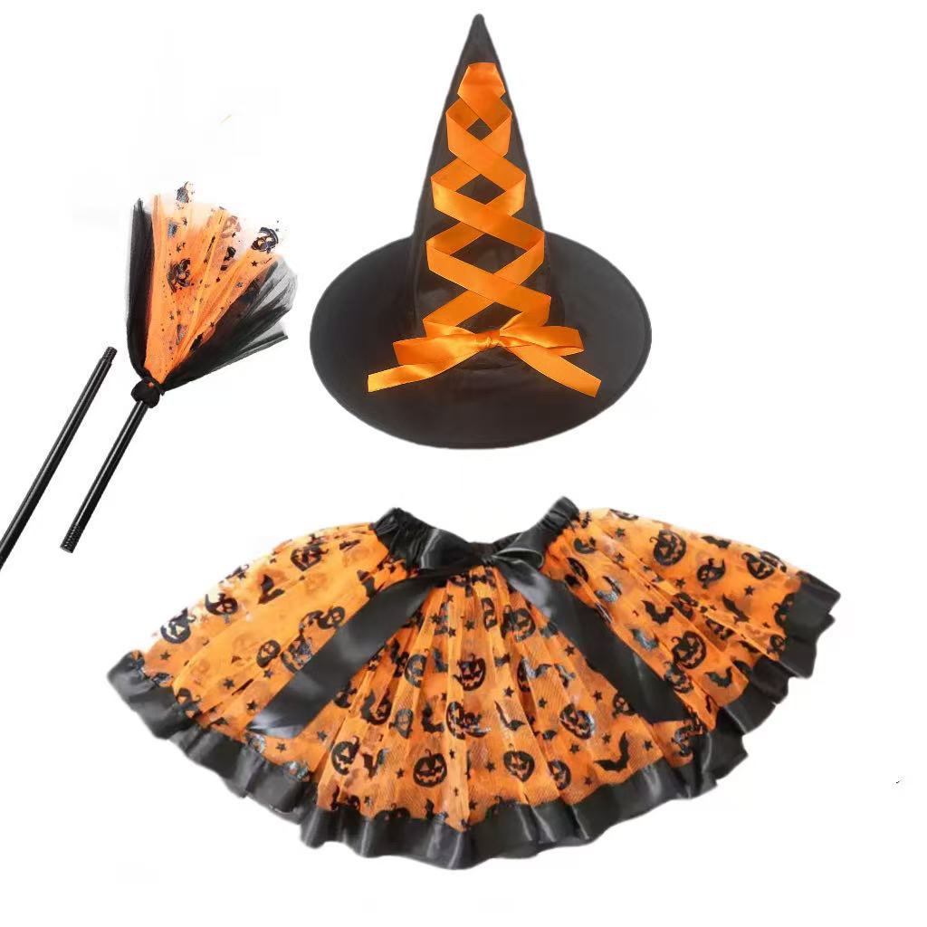 Halloween Pumpkin Dress Set Witch Broom Witch Hat Set European and American Printed Mesh Skirt Set