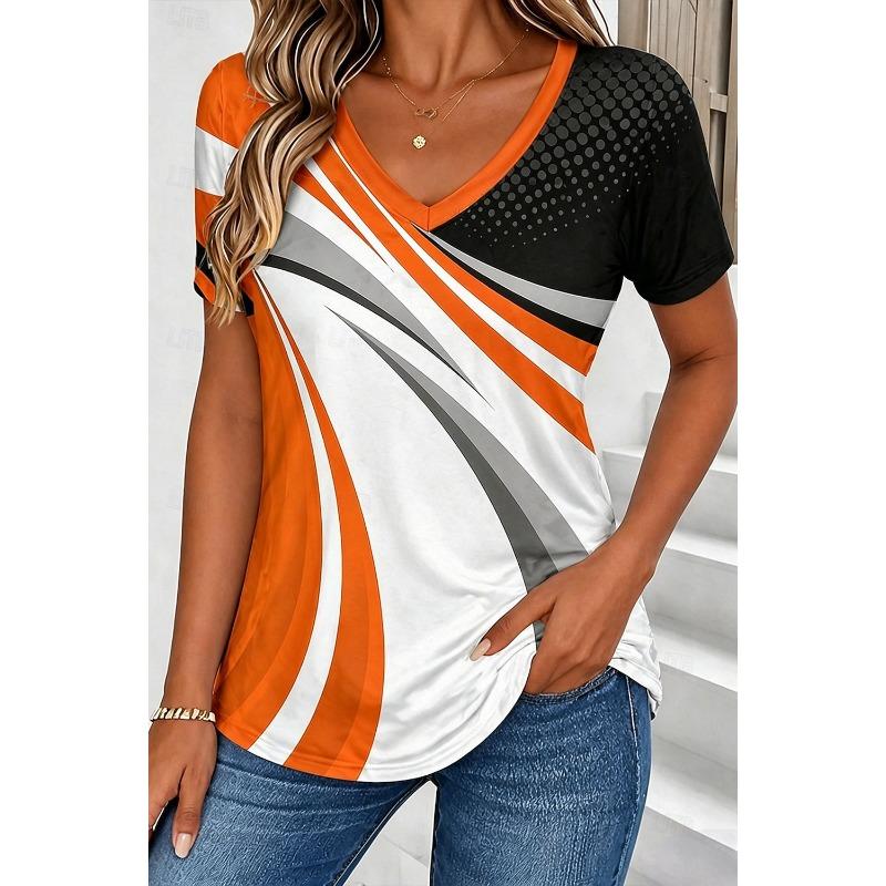 

Women s T Shirt Print Graphic Geometric Stylish Classic Casual Short Sleeve V Neck Regular Tops Casual Daily Blue Black Red Orange Green Summer Spring 3XL