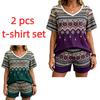European Streets Summer Fashion Bohemian Ethnic Style Printed V-Neck Short Sleeved T-Shirt And Shorts Set Women's and Men's T-shirt Shorts Set