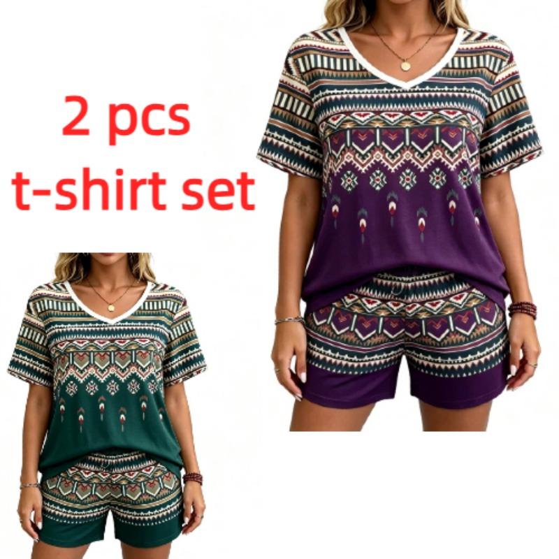 European Streets Summer Fashion Bohemian Ethnic Style Printed V-Neck Short Sleeved T-Shirt And Shorts Set Women's and Men's T-shirt Shorts Set