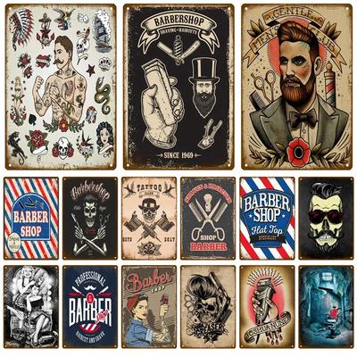 1 Stück Vintage BARBERSHOP Metallschild Poster Café Bar Pub Blechschild Plakette Retro Haarschnitt und Rasur Bartschild Heimdekoration 8x12 Zoll
