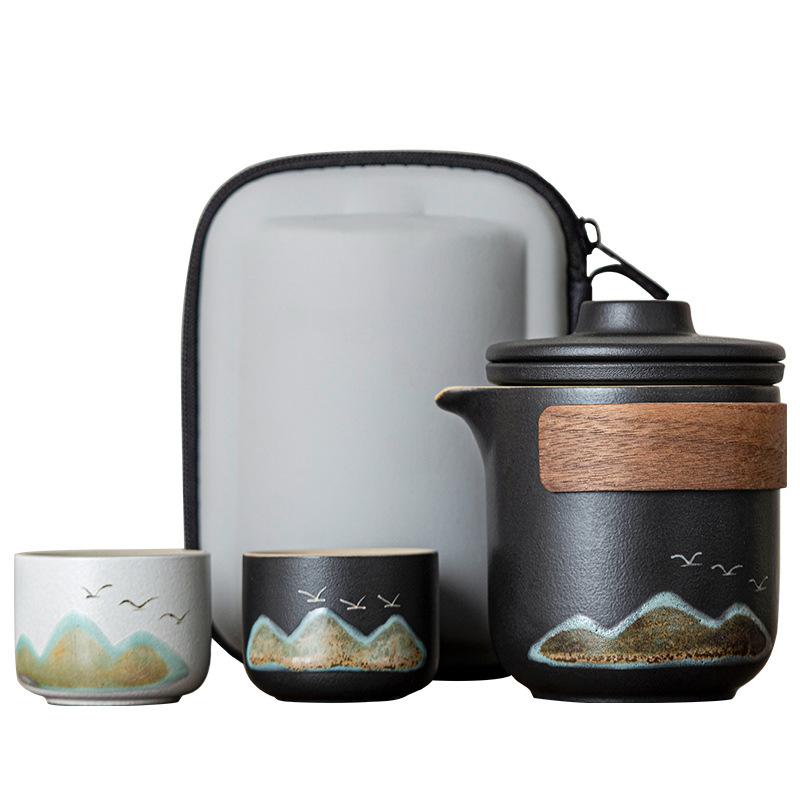 New Chinese-style Aoyama Flying Bird Kuaike Cup, One Pot and Two Cups, Portable Tea Set, Leather Storage Bag, Business Gift.