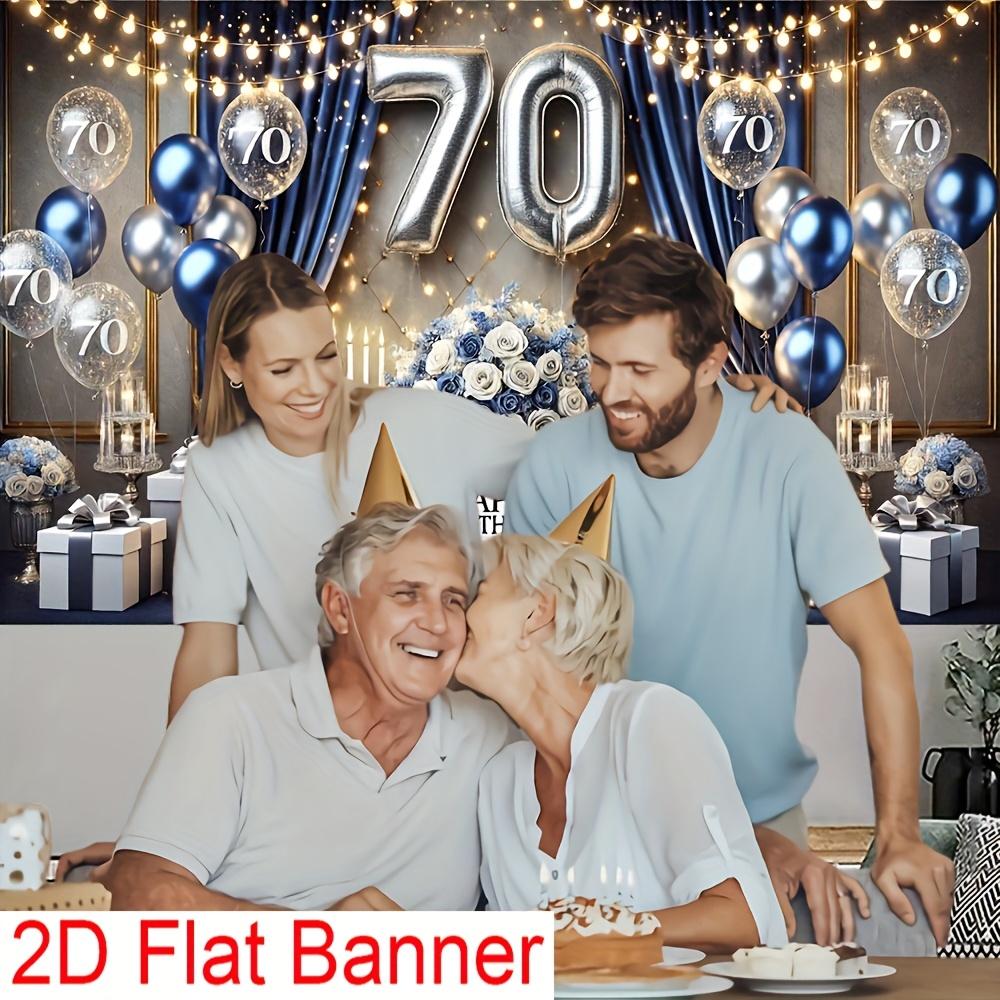 2D Plane 70th Birthday Party Background Banner - Elegant Blue and Silver Polyester Design