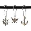 Nautical Shower Curtain Hooks Rings - Pirate Skull Anchor Rudder Decorative Bathroom Accessories Set, Silver Metal Shower Hooks for Shower Curtain,