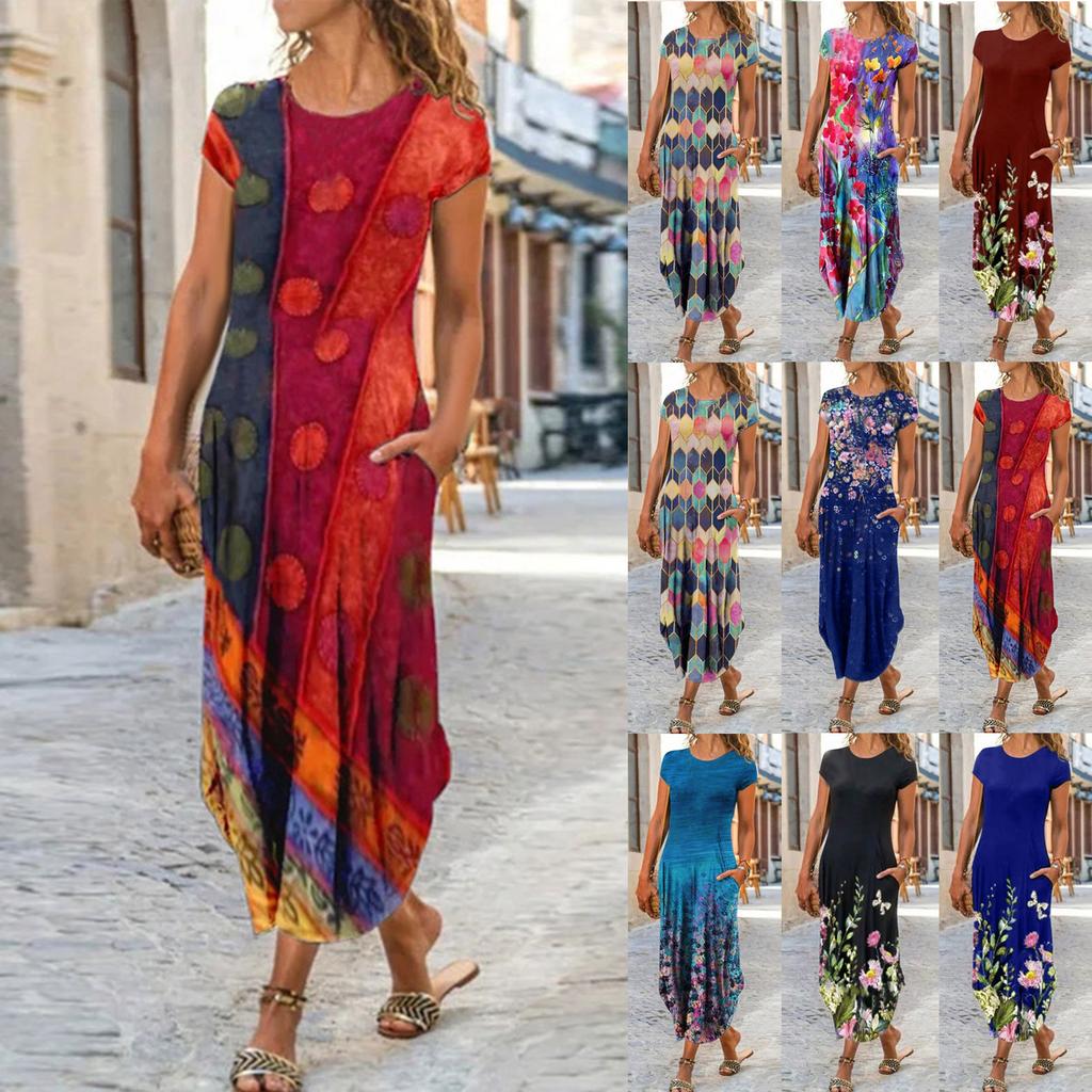 Women's Round Neck Pocket Short Sleeve Pullover Fashion Printed Dresses