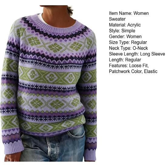 Dámský svetr s kulatým výstřihem, dlouhým rukávem, patchworkovou barvou, pulovrový top, volný střih, podzimní zimní pletený top, pletené zboží
