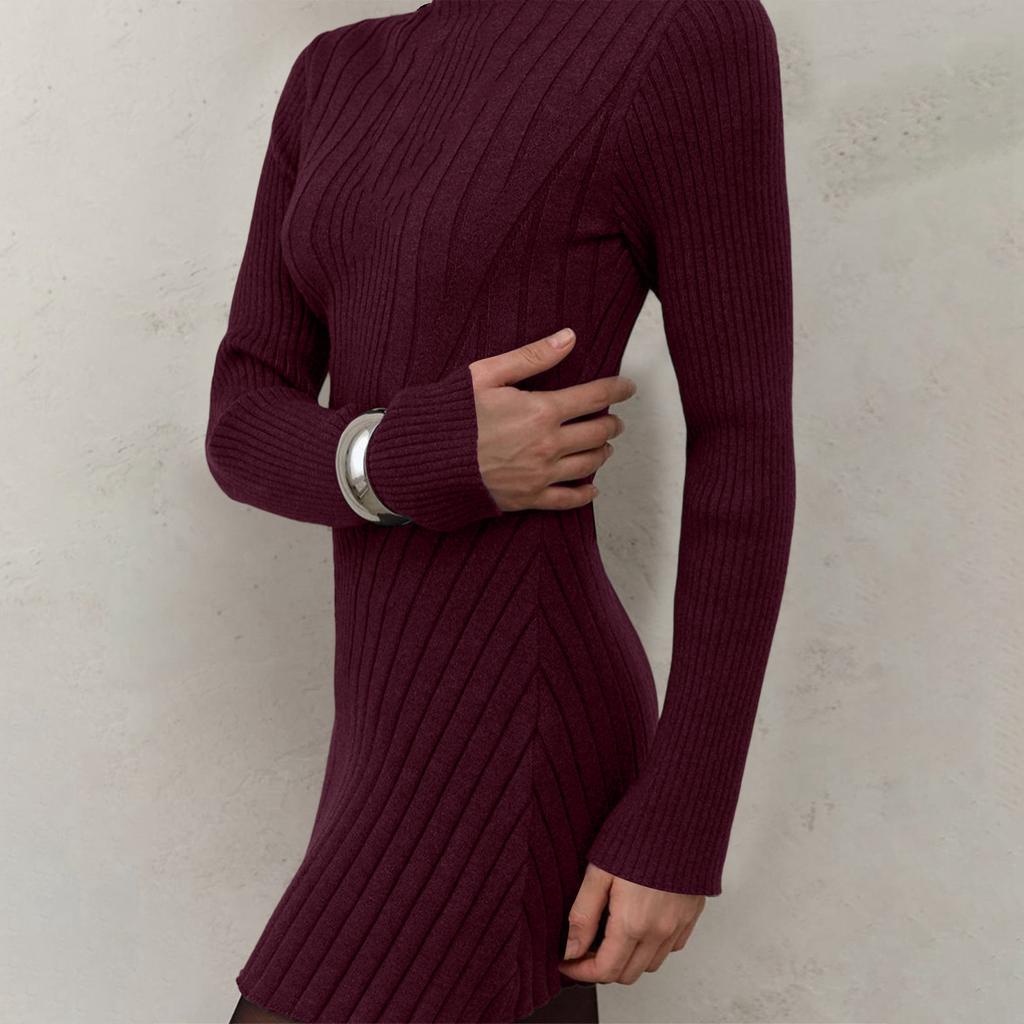 Women's Long-Sleeve Half-High Neck Elegant Playful A-Line Knit  Dress
