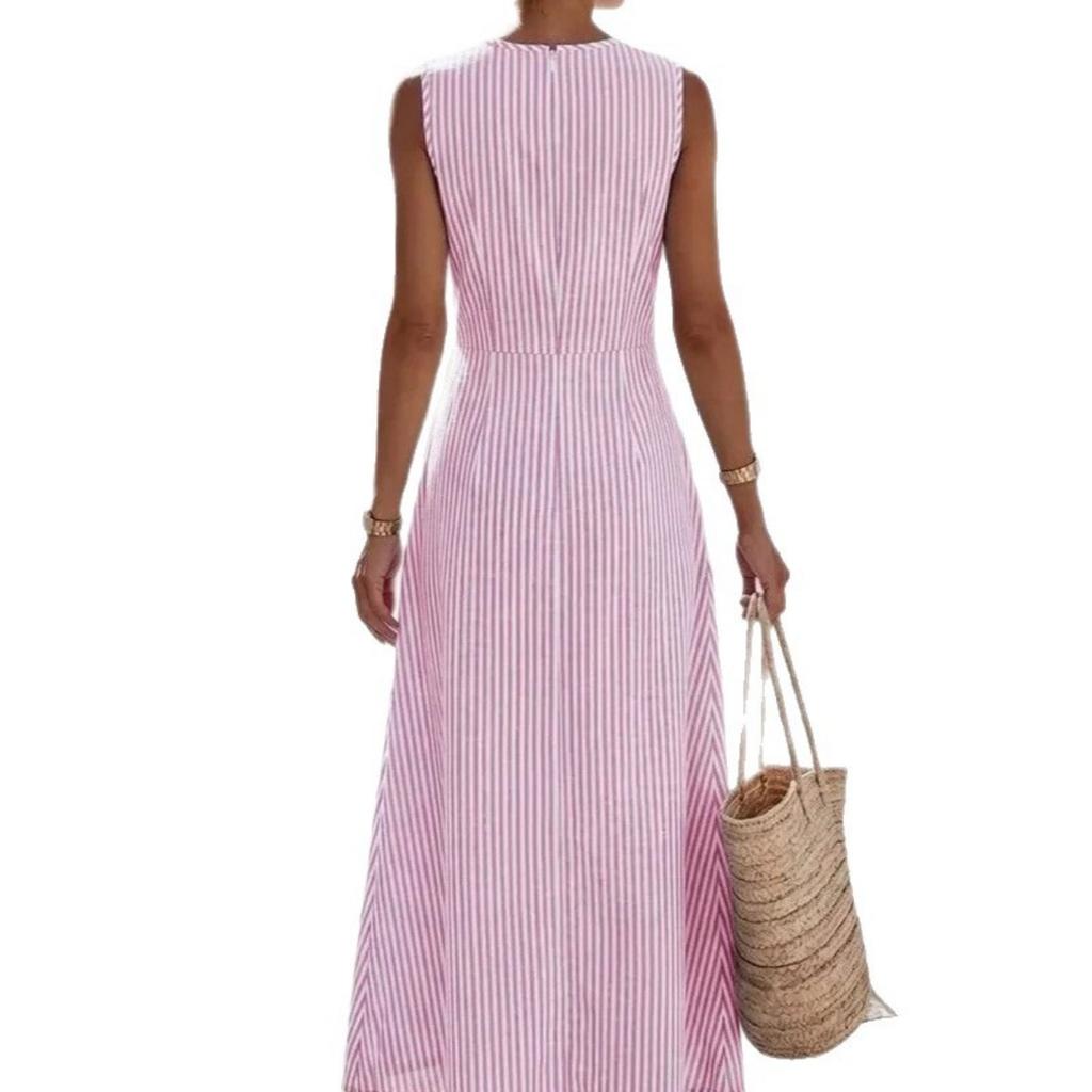 Women's Cross Waist Striped Sleeveless Round Neck Tank Dress, Casual Summer Dress for Women European American Style