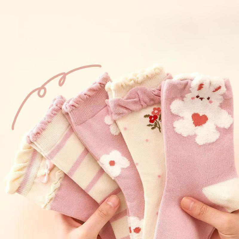 5Pairs Fashion Stripe Number Socks Children Boys Sport Sock Pink Rabbit Baby Girl Middle Tube Sock Ruffle Brim Kids Cotton Socks