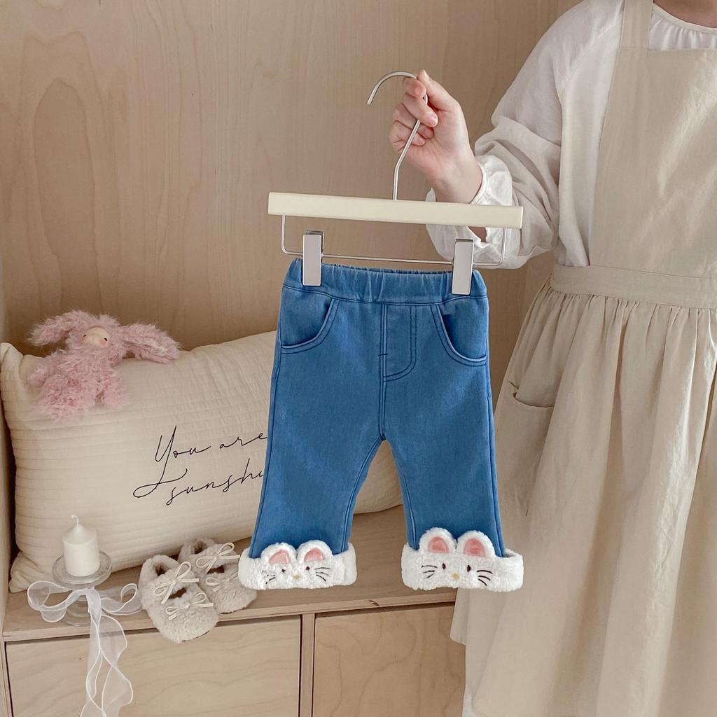 Korean Baby Girls' Fleece-Lined Jeans (0-5 Years) - Trendy Winter Pants AK518