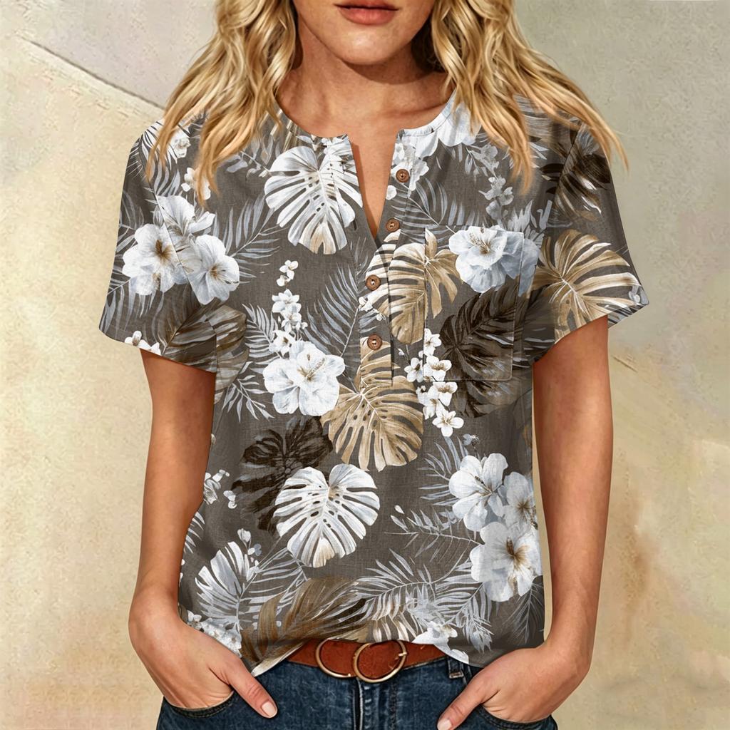 Women's Floral Print Short Sleeve Shirt Henley Button Neck Chest Pocket Casual Linen Cotton Blended Top for Summer