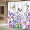 Colorful Butterfly And Flowers Shower Curtain Vibrant Garden Pattern On White Background Waterproof Easy To Install Non-Toxic
