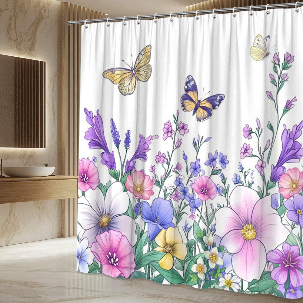 Colorful Butterfly And Flowers Shower Curtain Vibrant Garden Pattern On White Background Waterproof Easy To Install Non-Toxic
