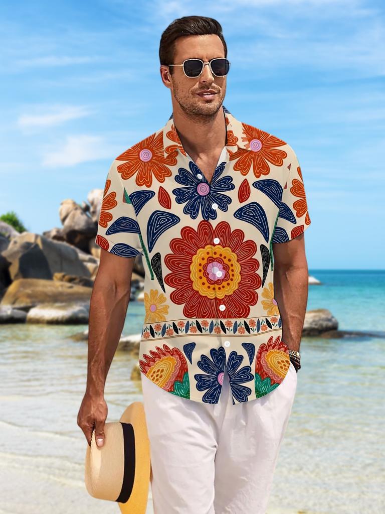New Men'S Casual Short Sleeve Shirt with Full-Print Colorful Floral Patterns, Intricate And Vibrant Design for Festive Gatherings, Commuting, And