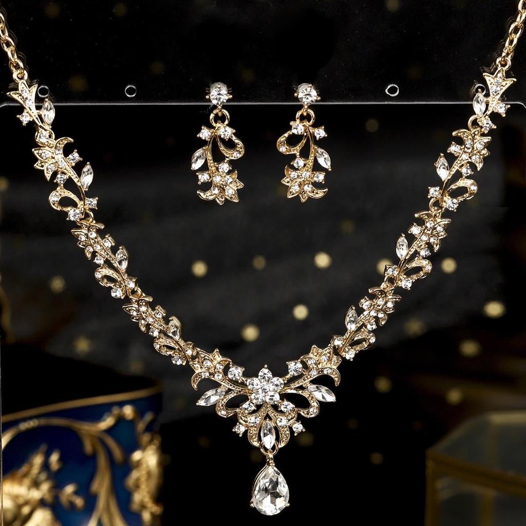 Vintage Crystal Floral Teardrop Bridal Necklace & Earring Set - Elegant Evening Jewelry