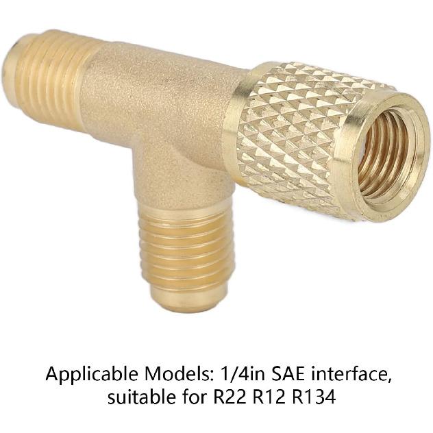 2-Piece Brass Quick Coupler Tee Adapter, 1/4 Inch SAE FFL with MFL, Refrigerant Adapter for R22 R12 R134, Vacuum Pump Manifold with Valve Core