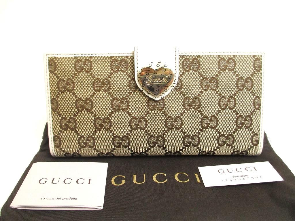 Authentic GUCCI Beige GG Canvas White Leather Heart Motif Flap Wallet #a710  Refurbished