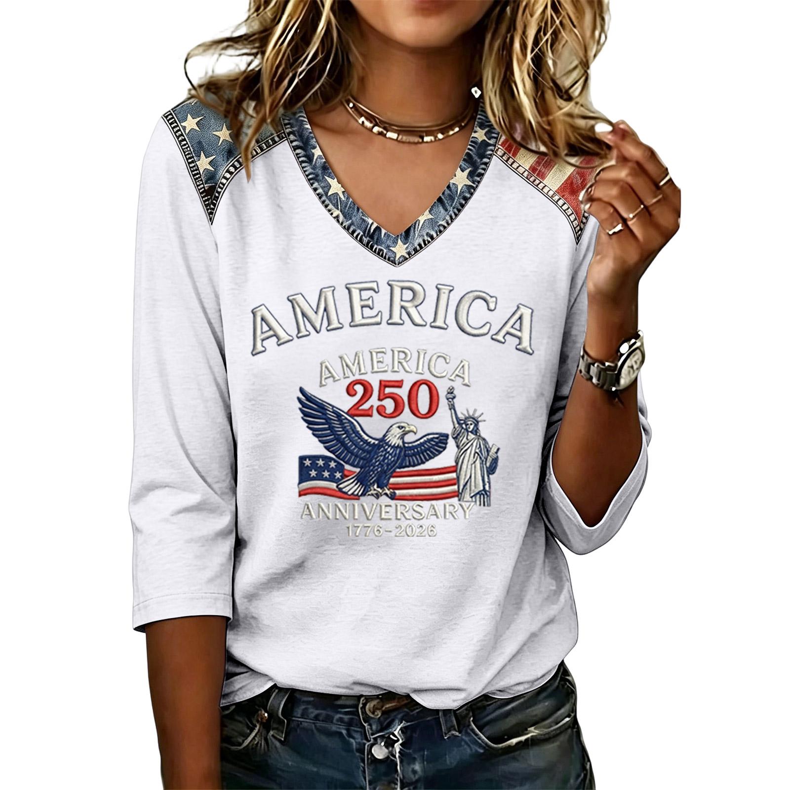 

Women s Casual 250th Anniversary Graphic Top V Neck 3/4 Sleeve Lightweight Soft Fabric Patriotic Design Comfortable Fit XL білий
