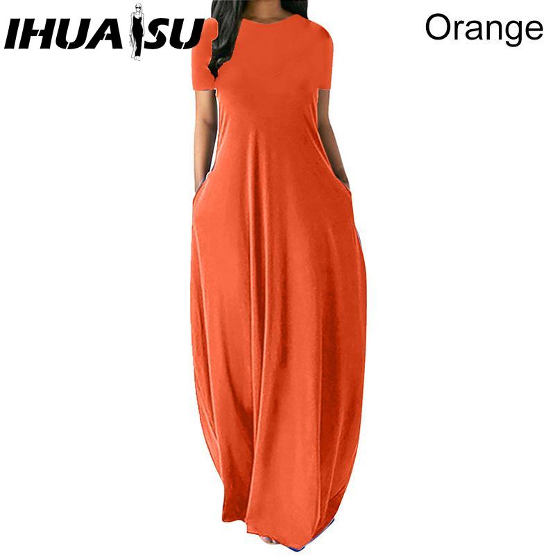 IHUASU Women Casual Loose Long Dress O-Neck Short Sleeve Summer Beach Dress Elegant Party Dress