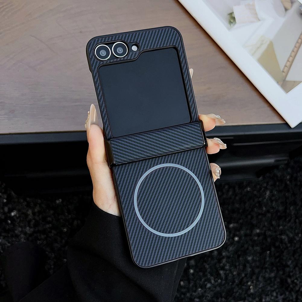 Carbon Fiber Grain with Bottom Bracket Built-in Thin Magnetic Case For Samsung Z Flip 7 Flip7 Galaxy Z Flip 6 5 Protect Cover