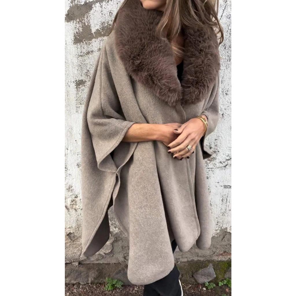 2025 New Women's Autumn Winter Loose Long Sleeve Lapel Faux Fur Collar Cloak Coat Outerwear