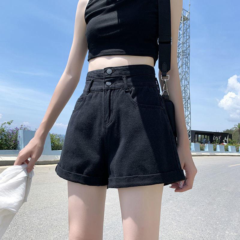 

High Waist Women s Denim Shorts: Summer 2020 Korean Style, Loose Fit, Rolled Hem, Slimming A-line, Wide Leg. Small чорний