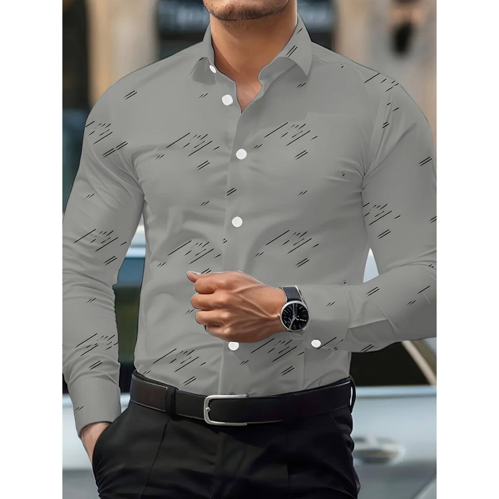 Men's Trendy Geometric 3D Line Print Long-Sleeved Shirt Men's Button up Shirt Casual Fashion Male White Shirt Lapel Shirt Tops