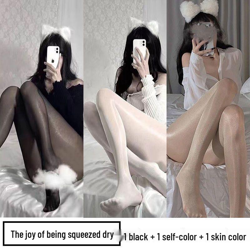 Perleťové dámské punčochy - Lesklé černé a bílé hedvábné, Ultratenké, Zeštíhlující, Šedé punčochové kalhoty pro vylepšení pokožky na léto.