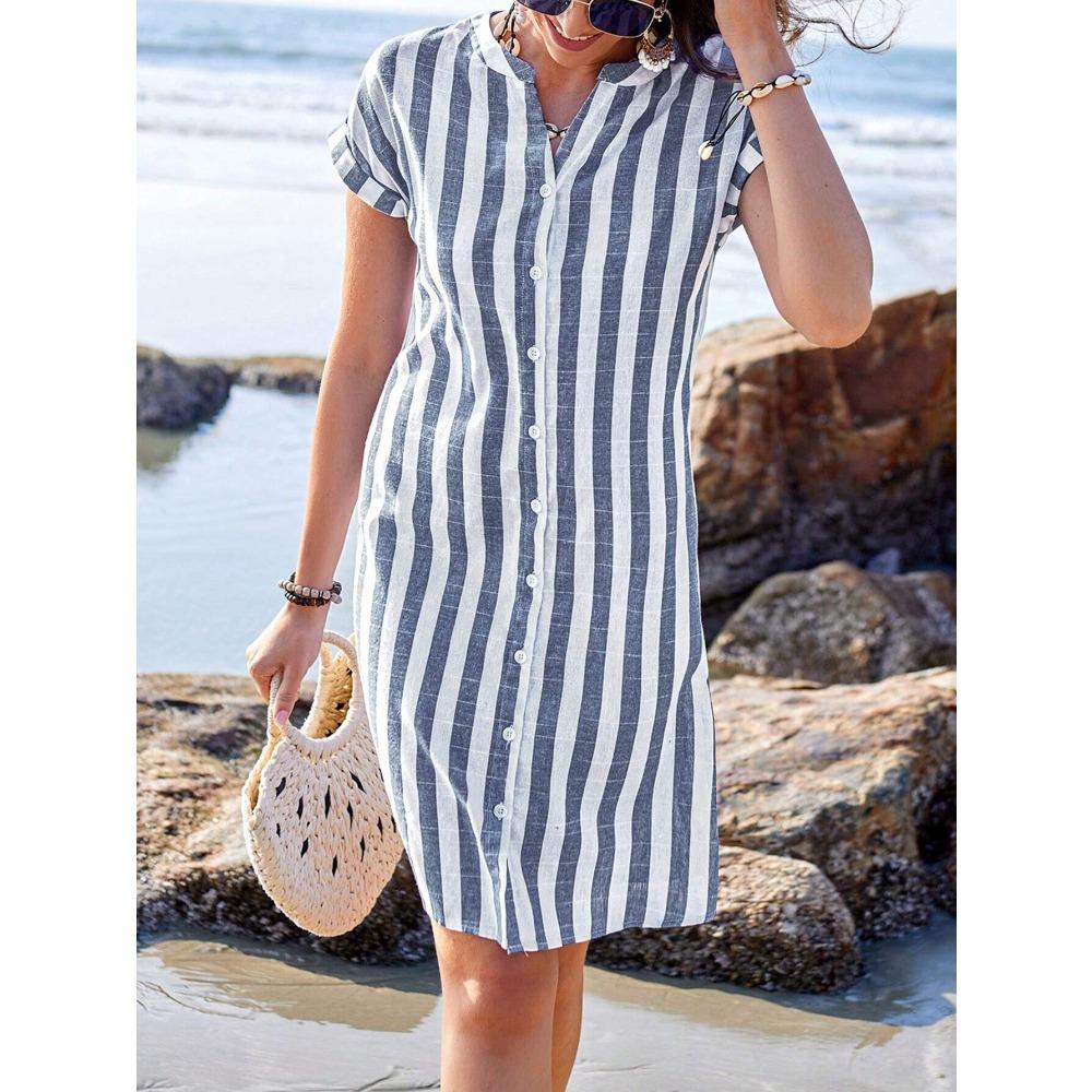 Summer Shirt Women s Fashion Loose Casual Temperament Casual Striped Shirt Top S тёмно-синий