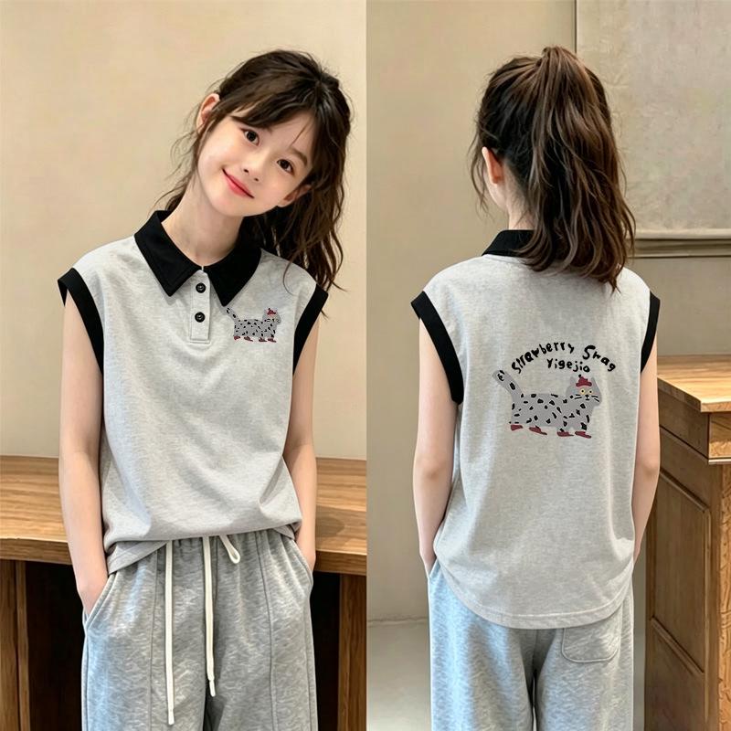 Korean Style Girls' Cotton Polo Lapel Sleeveless Vest for Ages 6-12 - Summer Loose Fit Patchwork T-shirt