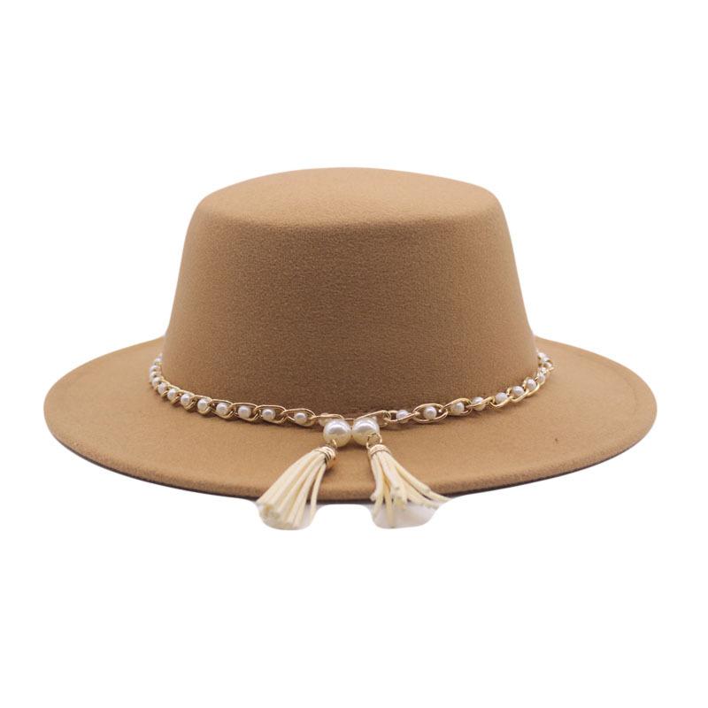 European, American and British Style Retro Fringed Pearl Chain Woolen Felt Hat Wide Brim Top Hat Flat Top Lady Hat Trendy Girl