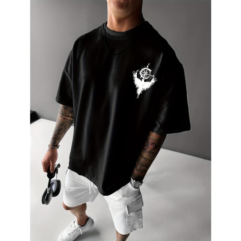 European sizes Men's Y2K Compass & Raven Print T-Shirt - Loose Fit Round Neck Short Sleeve Summer Top, Breathable Casual Shirt Suitable