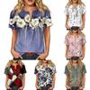 Camicia Henley da Donna a Maniche Corte con Bottoni, Taschino sul Petto, Fantasia Geometrica, Cotone Lino, Casual, Vestibilità Larga