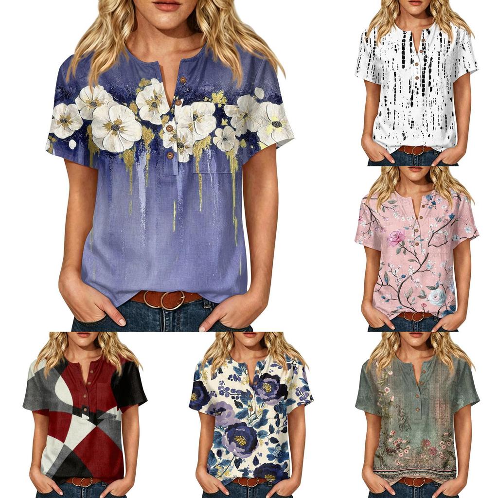 Women’s Fashion Printed Short Sleeve Cotton Linen Shirt with Henley Button Neckline and Chest Pocket for Casual Wear
