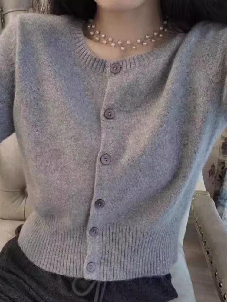 Stylish Round Neck 100% Pure Wool Cardigan for Women - Autumn/Winter Knit Outerwear Sweater