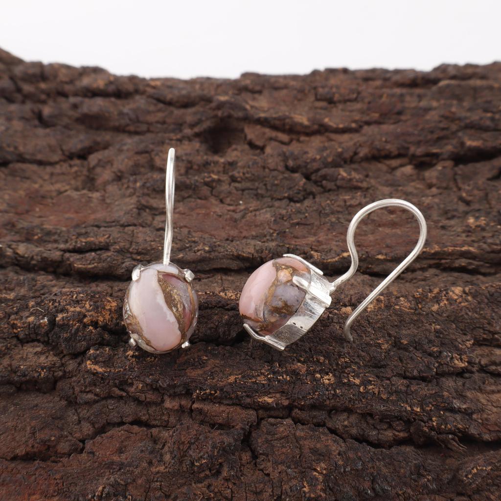 Pink Opal Turquoise Earrings, Handmade Gemstone Earrings, 925 Solid Sterling Silver Earrings Antique Jewelry, For Engagement Gift