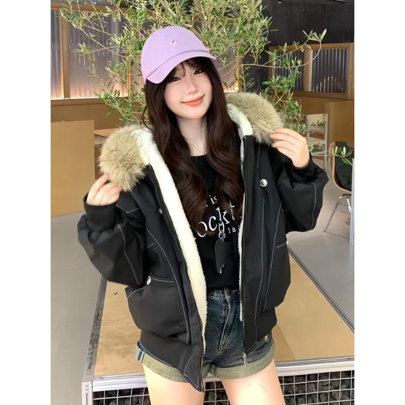 Retro Mountain Sculpture Large Fur Collar Cotton Jacket for Women In Winter, Loose and Thickened Short Work Clothes