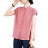 Pink cotton shirt women's new product in summer 2025 literary and simple round neck bag sleeve solid color cardigan top