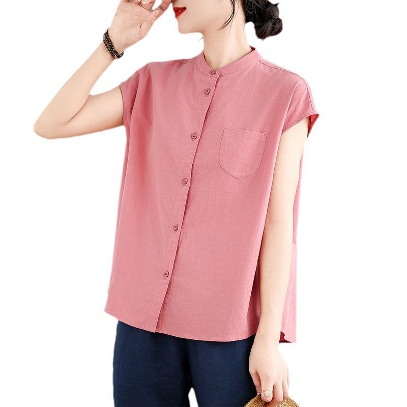 Pink cotton shirt women's new product in summer 2025 literary and simple round neck bag sleeve solid color cardigan top