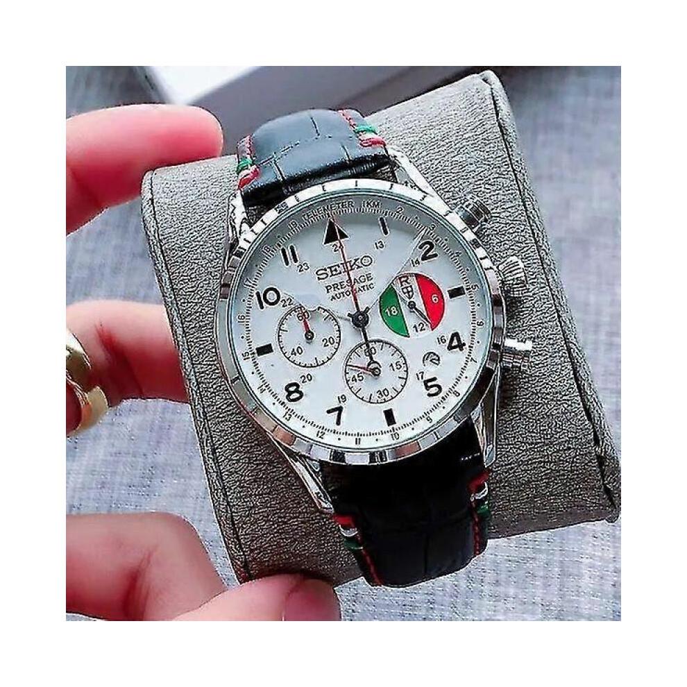 (Black) Seiko Men's Casual Quartz Watch Leather Strap Black And White Dial Automatic Date Multifunction Timer Luminous Six-needle