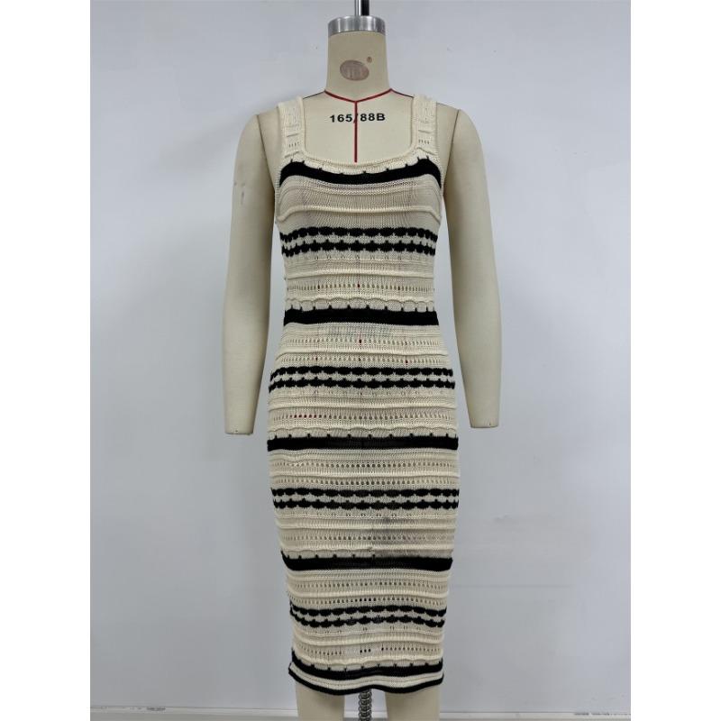 Women's Summer New Beach Solid Color Sexy Knitted Striped U Neck Halters Long Dress